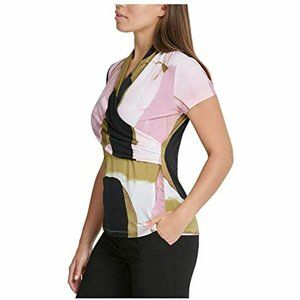 DKNY Women's Printed Short Sleeves Wrap Top Pink